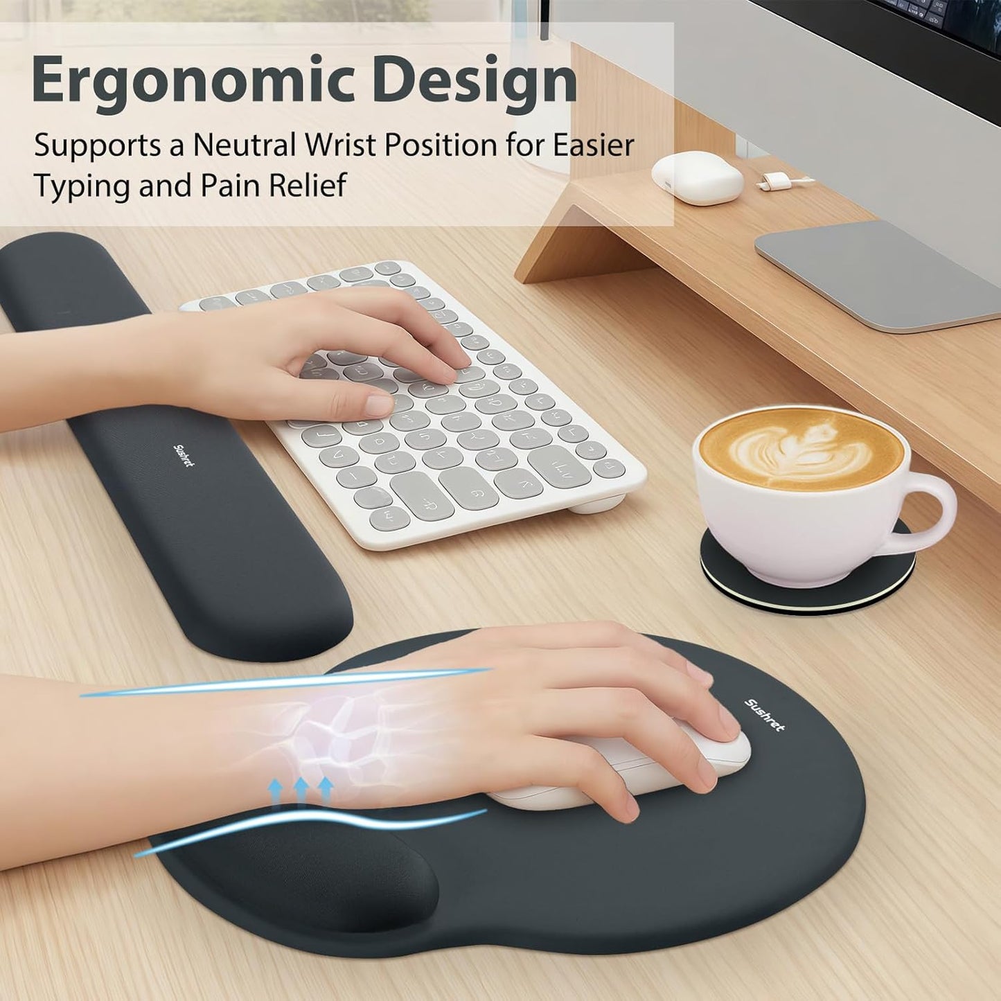 Sushret Mouse Pad and Keyboard Wrist Rest, 3-in-1 Gel Memory Foam Ergonomic Mouse Pad with Wrist Rest Set,Gaming Mousepad Arm Cushion Support for Computer Office Desk Accessories Cute Setup,Sage Green