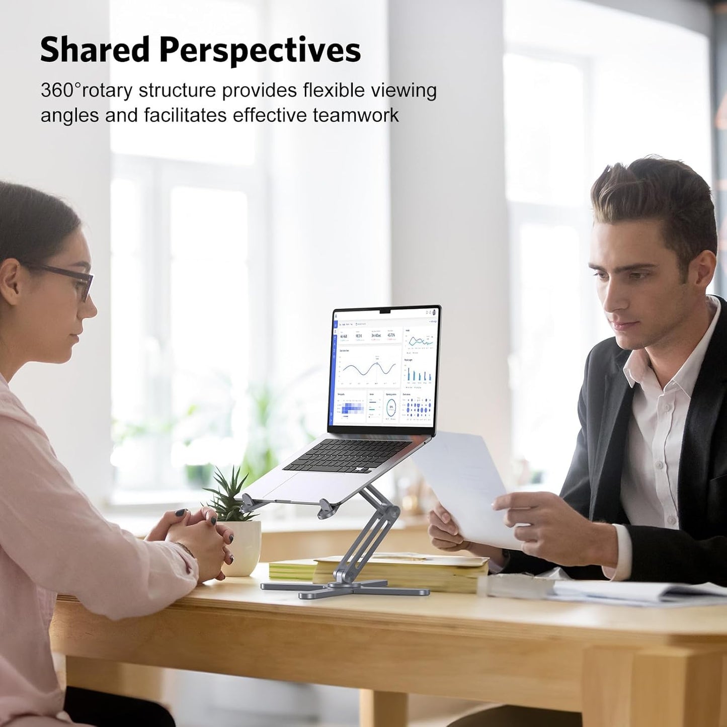 OMOTON LA10 360° Rotating Laptop Stand Riser for Desk, Ergonomic Foldable Computer Stand Adjustable Height Angles for Collaborative Work, Easy Storage Fit Macbooks,All Laptops up to 16 inches, Silver