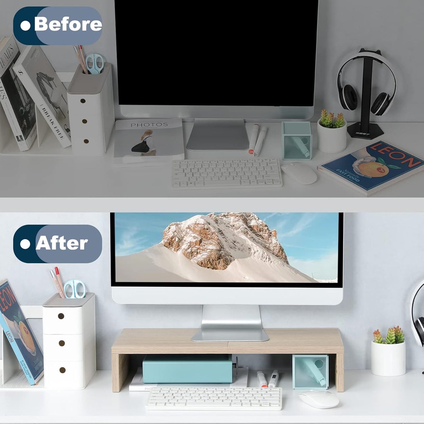 TEAMIX 20 inch White Monitor Stand Riser, Wood Desktop Stand for PC/TV/Laptop/Printer, White Monitor Riser with Storage, Computer Stand with Keyboard Organizer