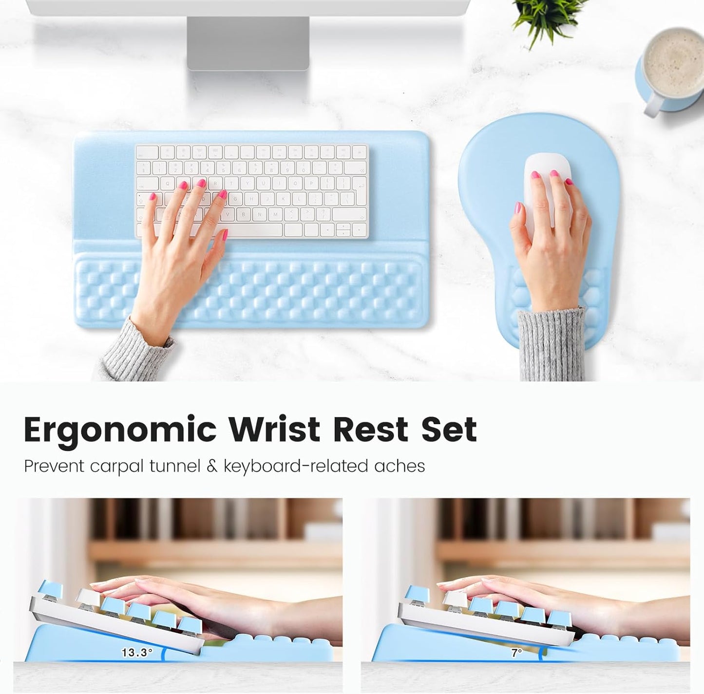 Ospelelf Ergonomic Mouse Pad and Keyboard Stand Wrist Rest Set, Memory Foam Comfort, Pain Relief for Typing, Office Desk Accessories, Moonlit Blossoms