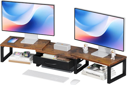 Dual Monitor Stand Riser, Desk Organizers and Accessories with Drawer, Computer Monitor Stands for Desk, Adjustable Desktop Shelf for PC Laptop Printer TV, Black