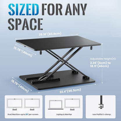 Standing Desk Converter, 25.16" × 15.75" Height Adjustable Laptop Stand for Desk, Sit Stand Monitor Stand, No Assembly Required for Home and Office Use (Black)
