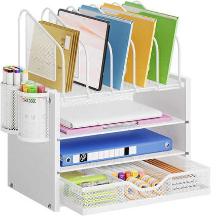 Marbrasse Desk Organizer with Drawer, 4-Tier Mesh File Organizer with 5 Vertical File Holders and 2 Pen Holders, Multifunction Desktop Organizer,Desk Organizers and Accessories for Home Office