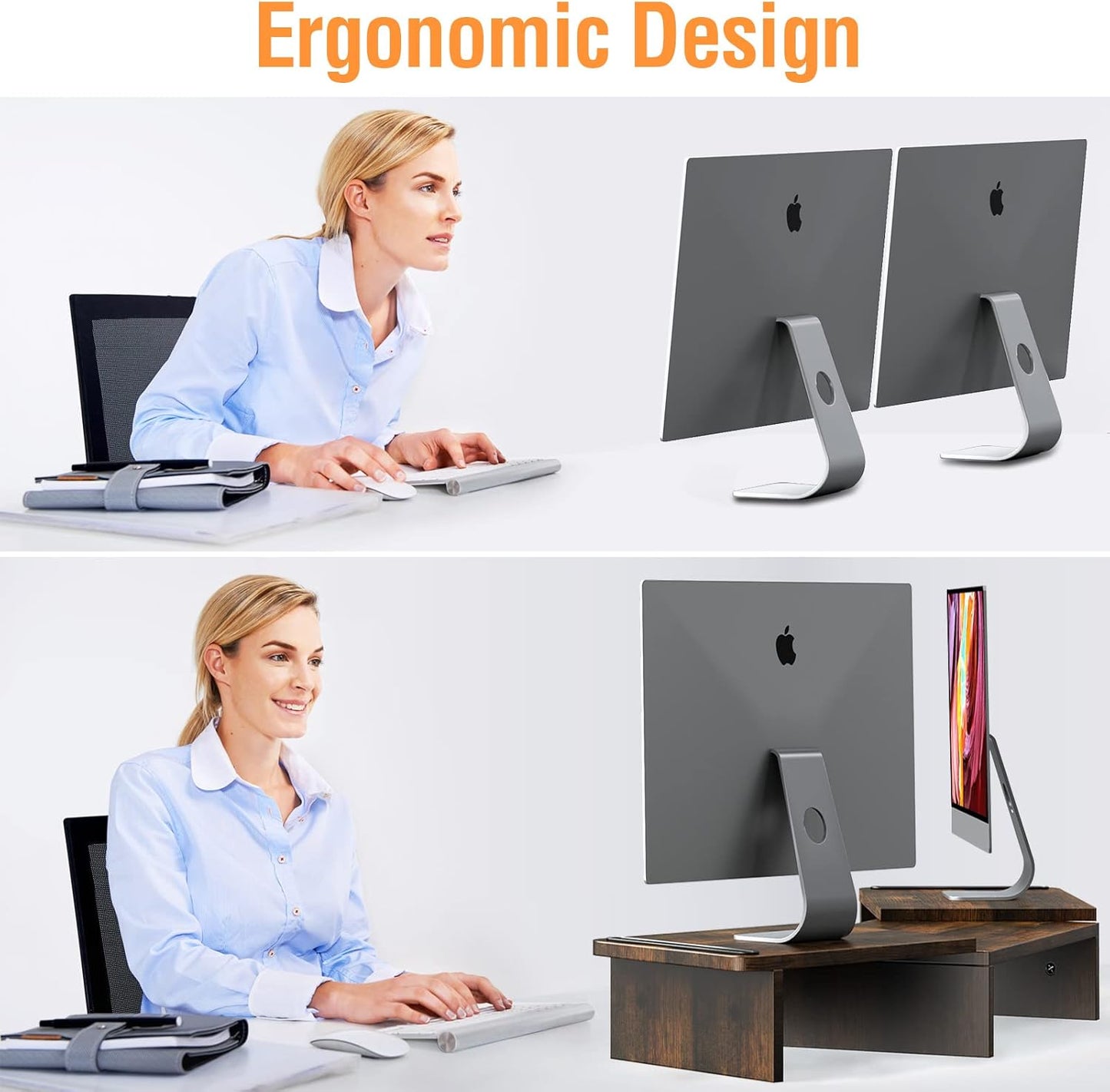 Monitor Stand Riser, 2 Tiers Wood Monitor Riser Stand with Desktop Shelf Storage Organizer, Ergonomic Desk & Tabletop Organizer Desktop Stand for Laptop Computer, MacBook, PC(Rustic Brown)
