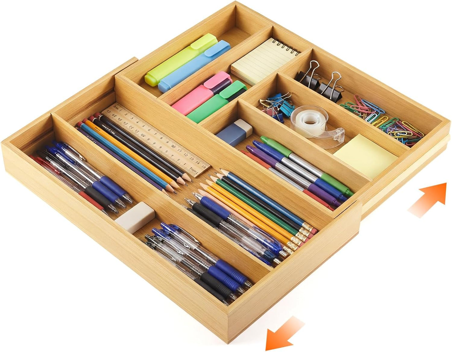 Bamboo Sliding Desk Drawer Organizer 8.2'' up to 16.4'' x 14.4'' x 2.2'' Expandable Office Desk Accessories Supplies Tray with 7 Compartments for Pens, Notebooks, Rulers, and Makeup Jewelry Vanity