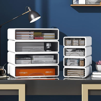 Desk Organizer with Drawers, Stackable Storage Drawers with Compartments Desktop Organization for Office Supplies, Makeup, Pencils, Tape, Erasers, Paperclips, Chargers (4 Pack)
