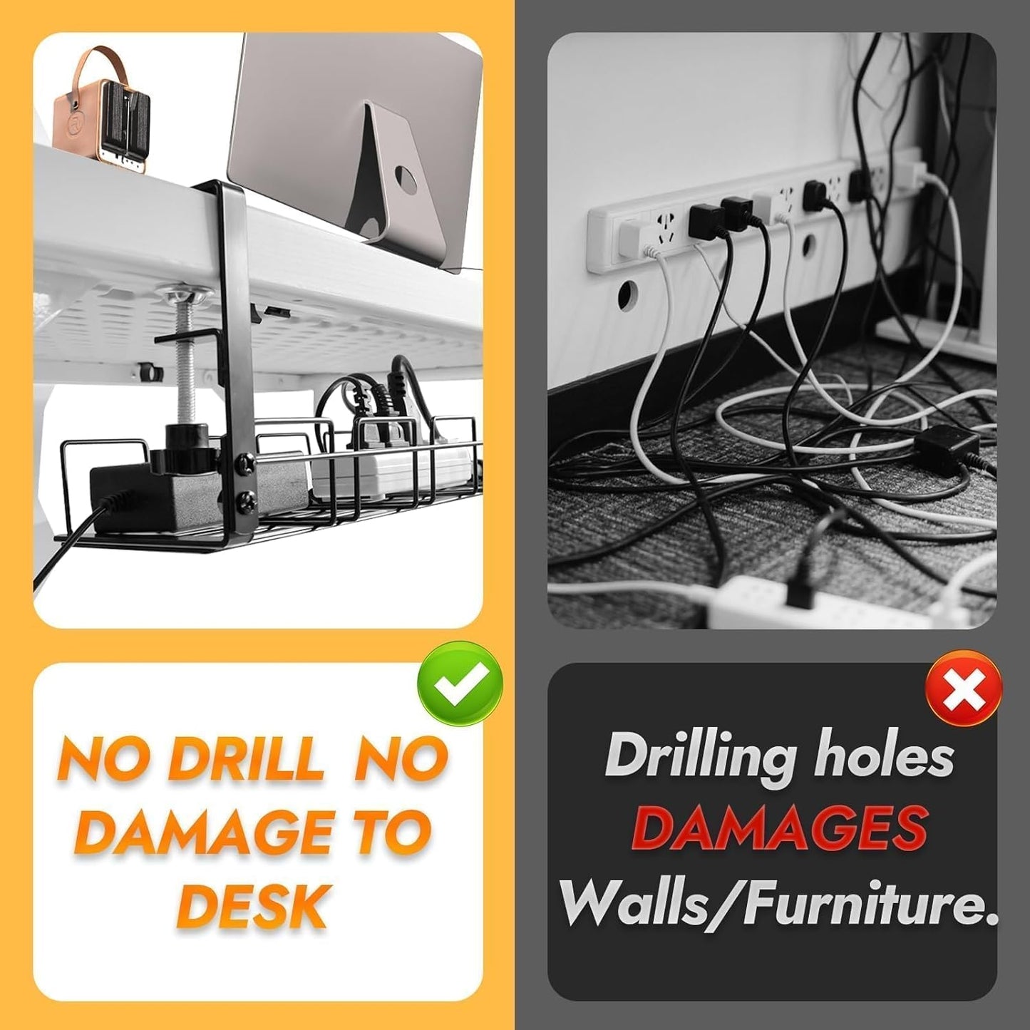Under Desk Cable Management Tray No Drill - 15.7'' Long 5.1'' Wide Workspace Organizers, Pc Accessories, Steel Cord Organizers, 4 Cable Holder, 12 Roll Cable Organizer Straps(Black)