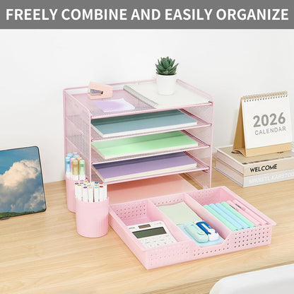LEKETREE Desk Organizers and Accessories, 5-Tier Paper Letter Tray Organizer with File Holder, Desktop Organizer for Office Supplies (Black)