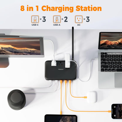 TESSAN Charging Station PD 100W for Multiple Devices, 6-in-1 USB C Charger Block Compatible with iPhone 17/16, MacBook, Charging Dock with 3 USB-C, 1 USB-A & 2 AC, Home Office Travel Accessories