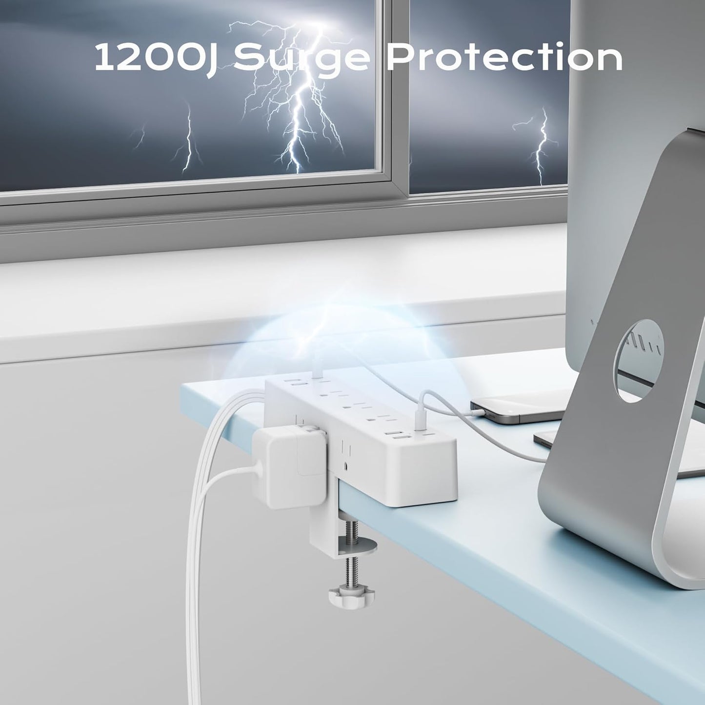 Flat Plug Desk Clamp Power Strip 10FT, 40W Total Fast Charging Station, Dual PD 20W USB C Ports, Desk Edge Mount Power Strip 9 AC Outlets 8 USB Ports(4 USB C) Surge Protector, Fit 1.7" Tabletop Edge