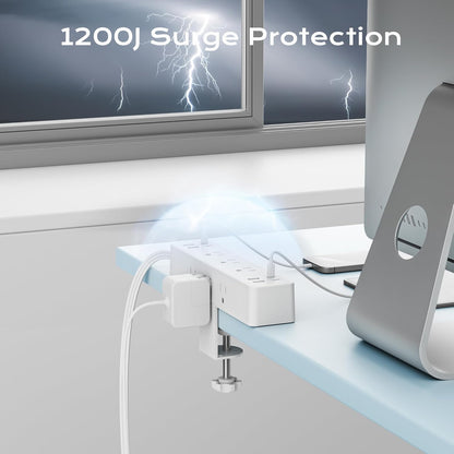 Flat Plug Desk Clamp Power Strip 10FT, 40W Total Fast Charging Station, Dual PD 20W USB C Ports, Desk Edge Mount Power Strip 9 AC Outlets 8 USB Ports(4 USB C) Surge Protector, Fit 1.7" Tabletop Edge