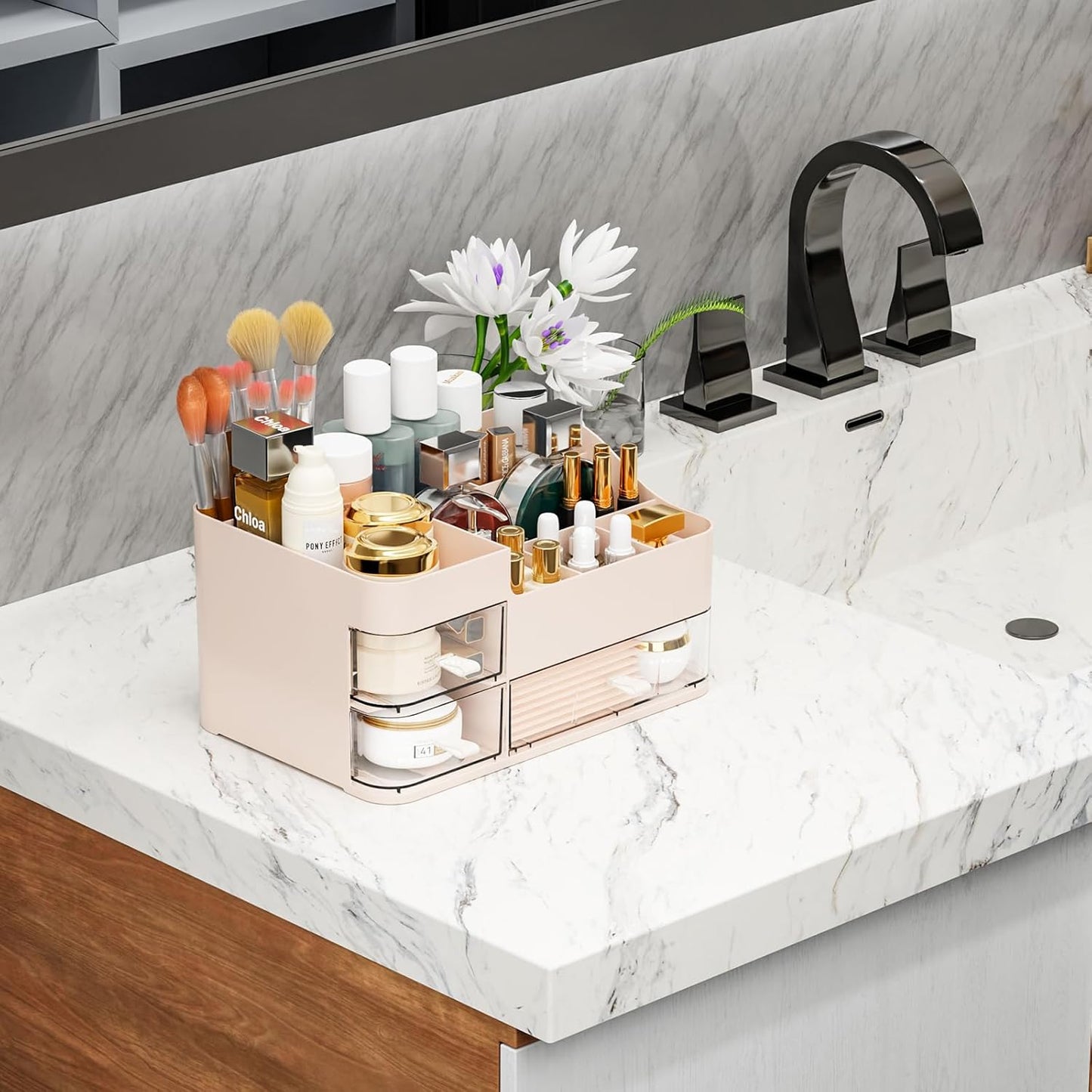SuoXing White Make up Organizers for Vanity,Large Plastic Bathroom Counter Organizer With Drawers,Skincare Organizers and Cosmetic Storage for Dresser Top Skin Care,Beauty Products and Brush Holder