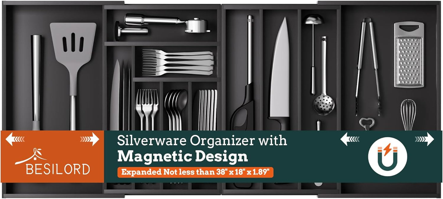 Silverware Organizer Large, Magnetic Connected Expandable 13 Slots Silverware Drawer Organizer From 21 to 37.4 Inches, Adjustable Flatware and Cutlery Holder, Bamboo Utensil Tray for Kitchen Natural