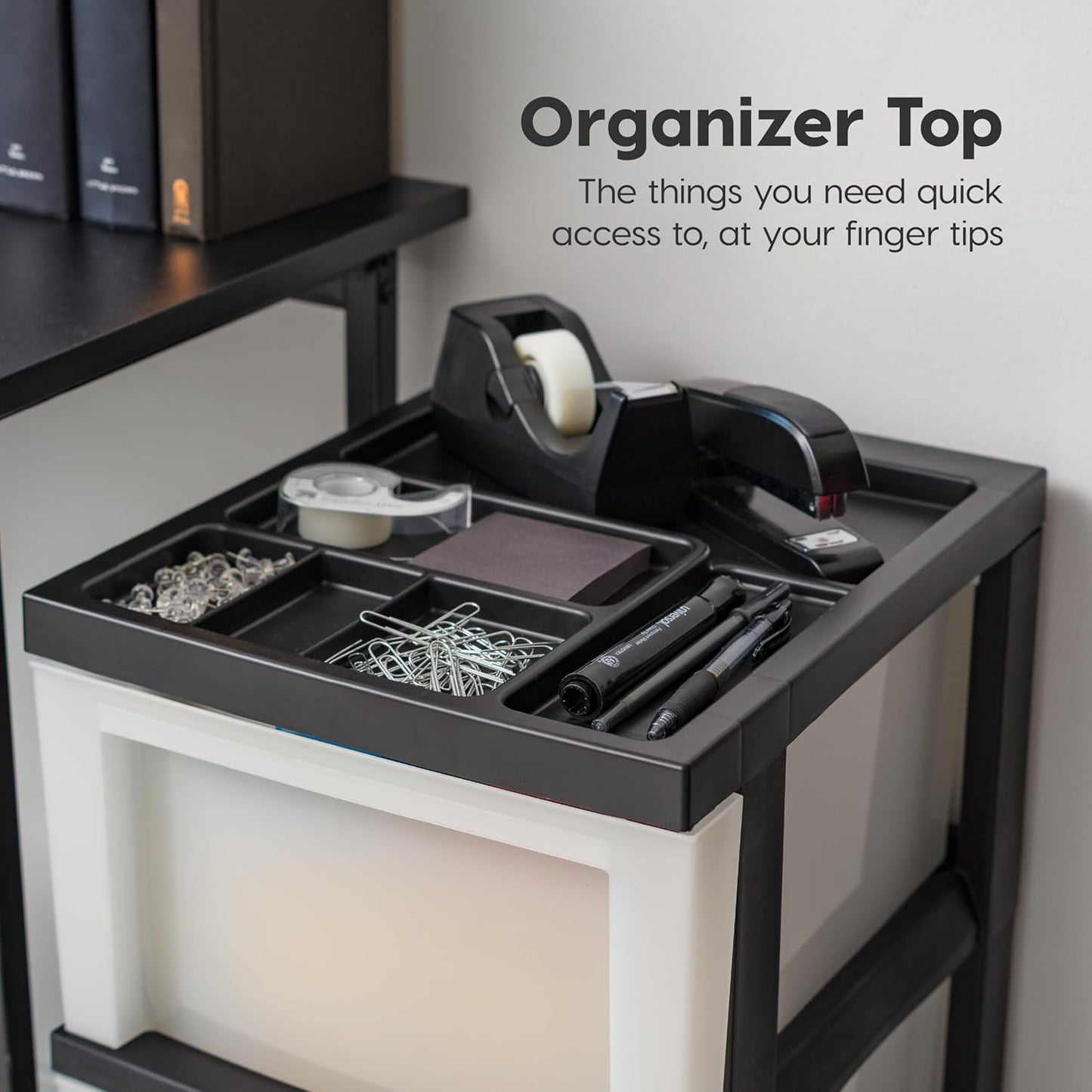 IRIS USA Plastic Drawer Storage Organizer Rolling Cart, with Wheels Casters, 4-Drawers, for Classroom Art Craft Supplies Dresser Closet Bathroom Laundry Room, Black/Pearl