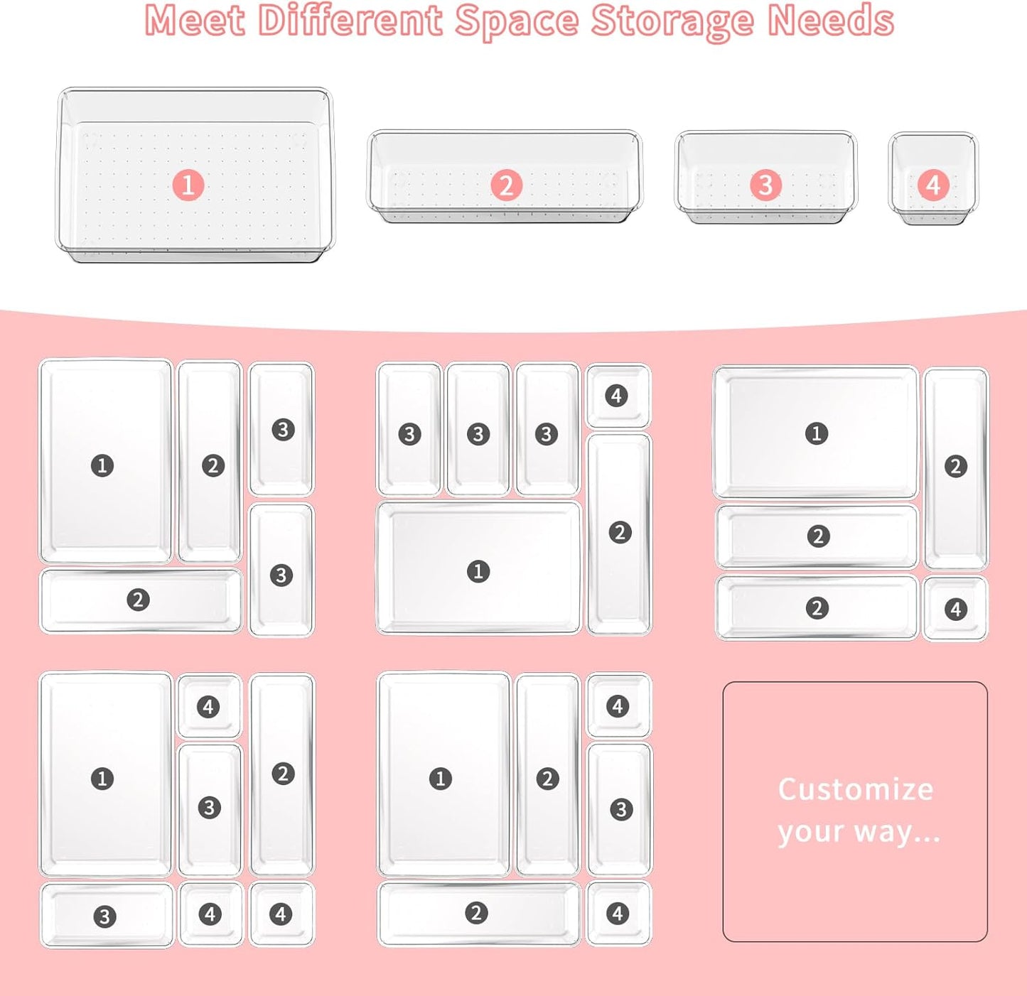 25 PCS Plastic Drawer Organizer Set, 4-size Clear Bathroom and Vanity Desk Drawer Organizer Trays, Non-Slip Versatile Storage Bins for Makeup Jewelry Office Kitchen Gadgets