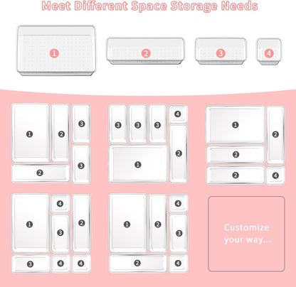 25 PCS Plastic Drawer Organizer Set, 4-size Clear Bathroom and Vanity Desk Drawer Organizer Trays, Non-Slip Versatile Storage Bins for Makeup Jewelry Office Kitchen Gadgets