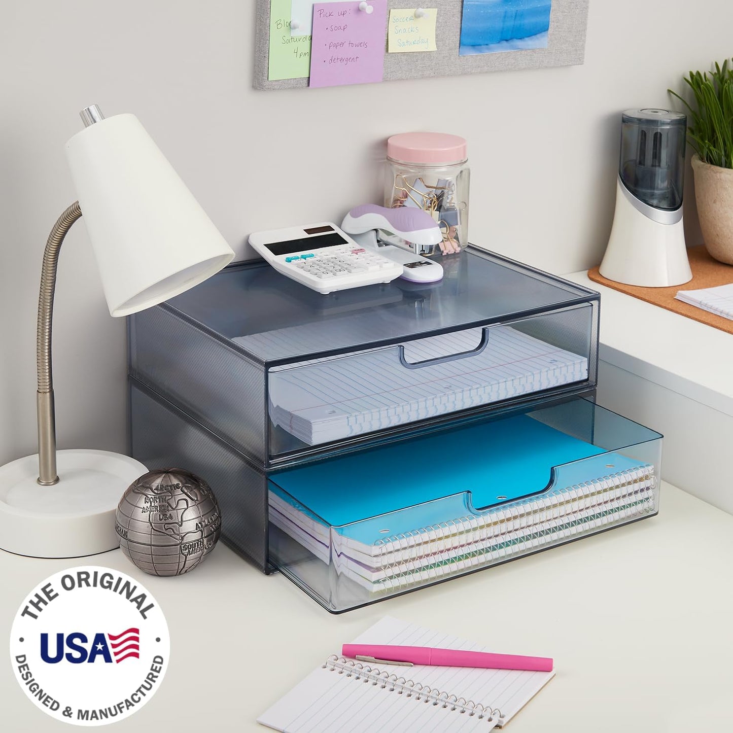STORi STAX Plastic Stackable Organizer Drawers (Set of 2) Clear | 12.5" Wide | Set Includes Two Open Drawer | Organize Office Desk Accessories & Sort Paper | Made in USA