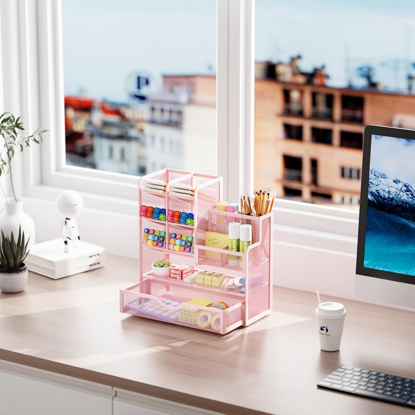 Marbrasse Mesh Pen Holder for Desk, Multi-Functional Pencil Organizer with Drawer, Desk Organizers and Accessories for Office Art Supplies (Black)