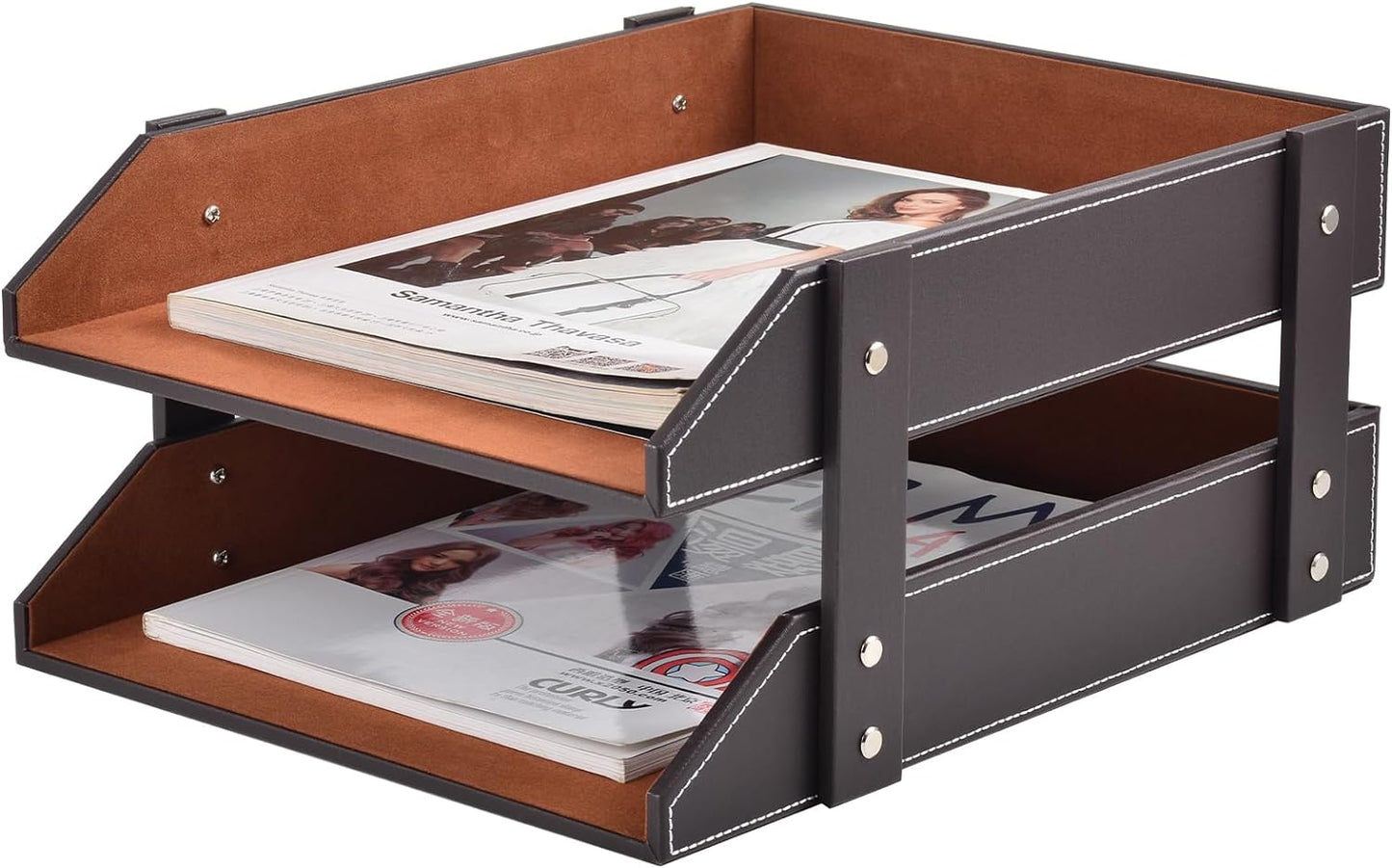 Leather Desk Organizer,2-Tier Stackable Letter Tray Holder,Office Supplies Desktop Storage Box for Document,Stationery,Magazines,Newspapers,Letters and Other Home Office Paper Sundries,Black