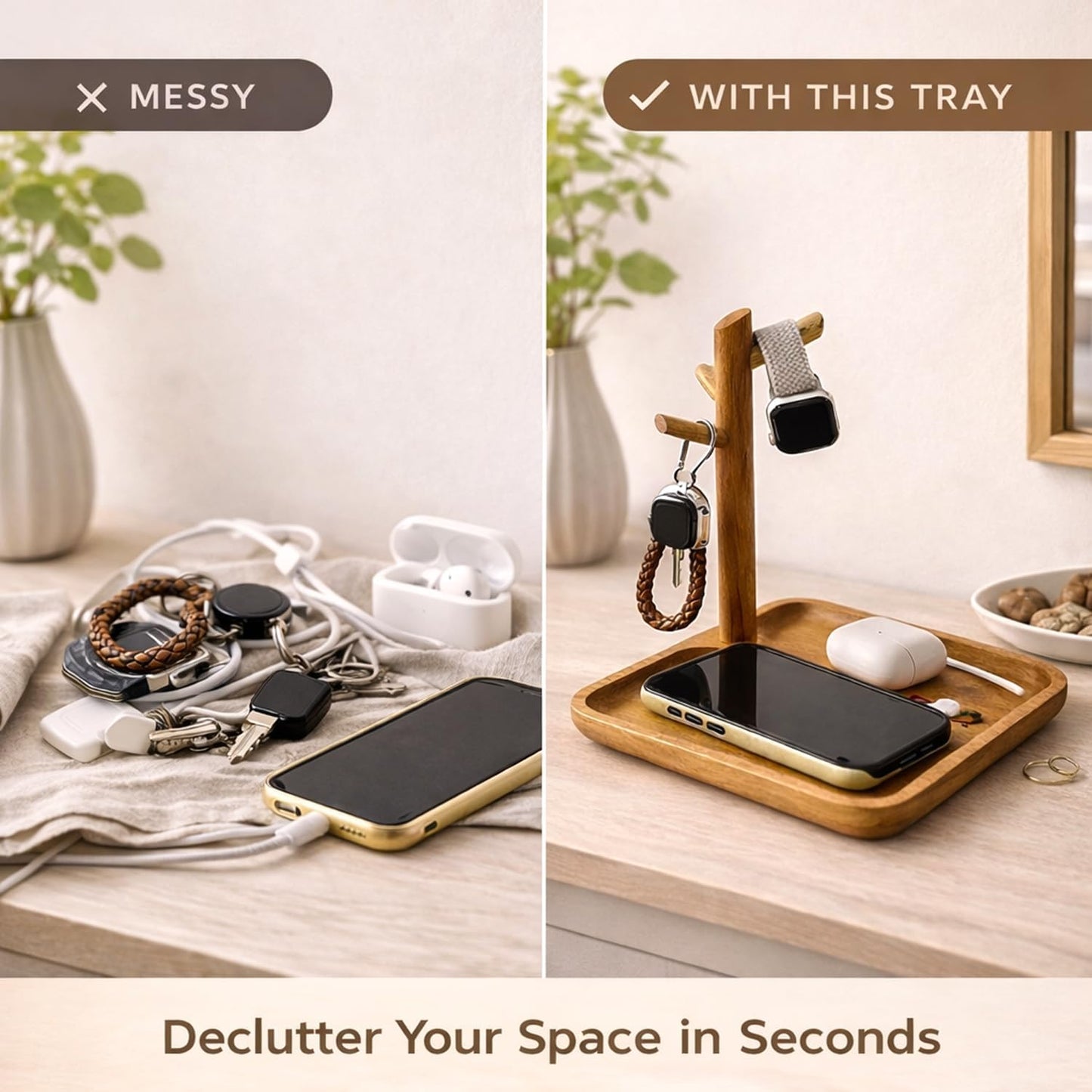 Acacia Wood Key Tray for Entryway Table, Wooden Catchall Organizer with Jewelry Storage Rack, Valet Tray for Keys Wallet Watches Sunglasses Rings(Rectangle)