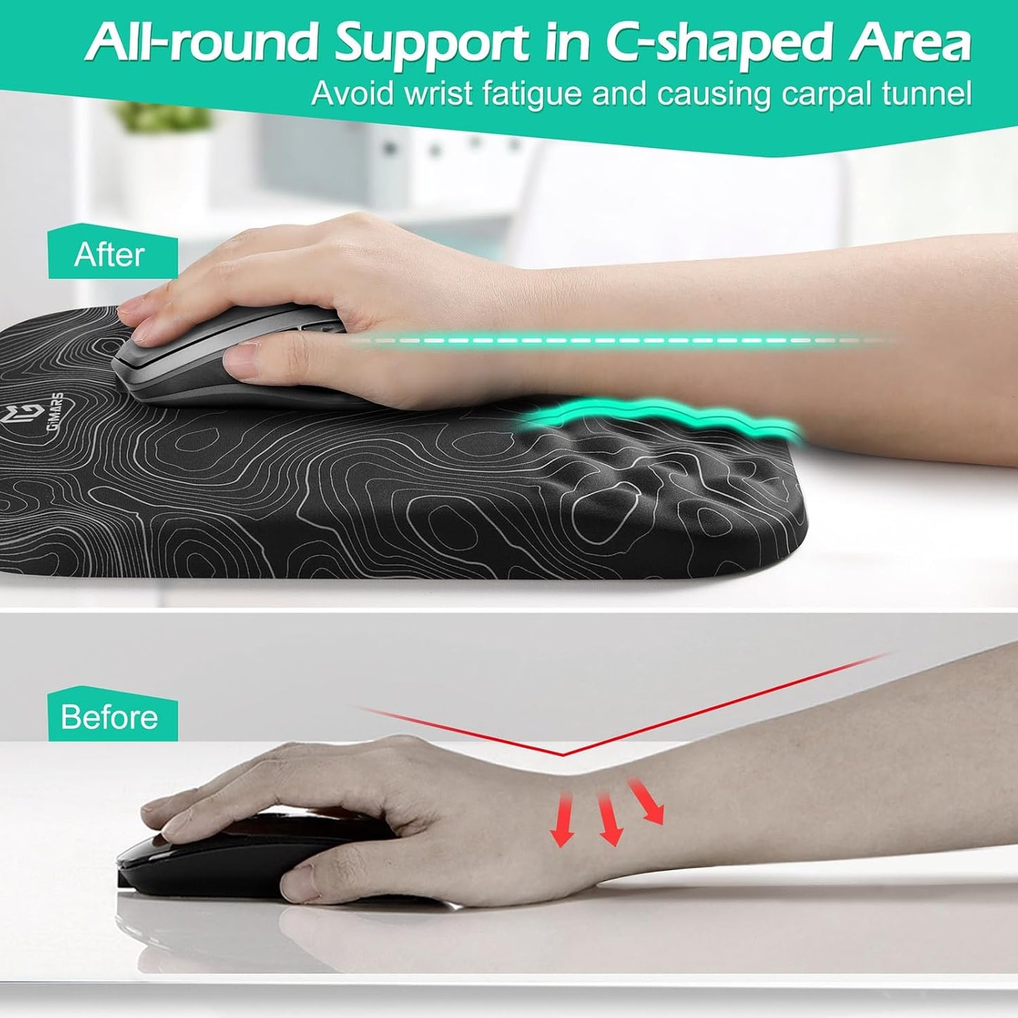 Gimars Elongate Smooth Lycra Fabric Ergonomic Mouse Pad Wrist Support, Gel Memory Foam Cushion Set Keyboard Wrist Rest Support, Pain Relieve for Computer, Laptop, Office, School, Home, Gaming, Black
