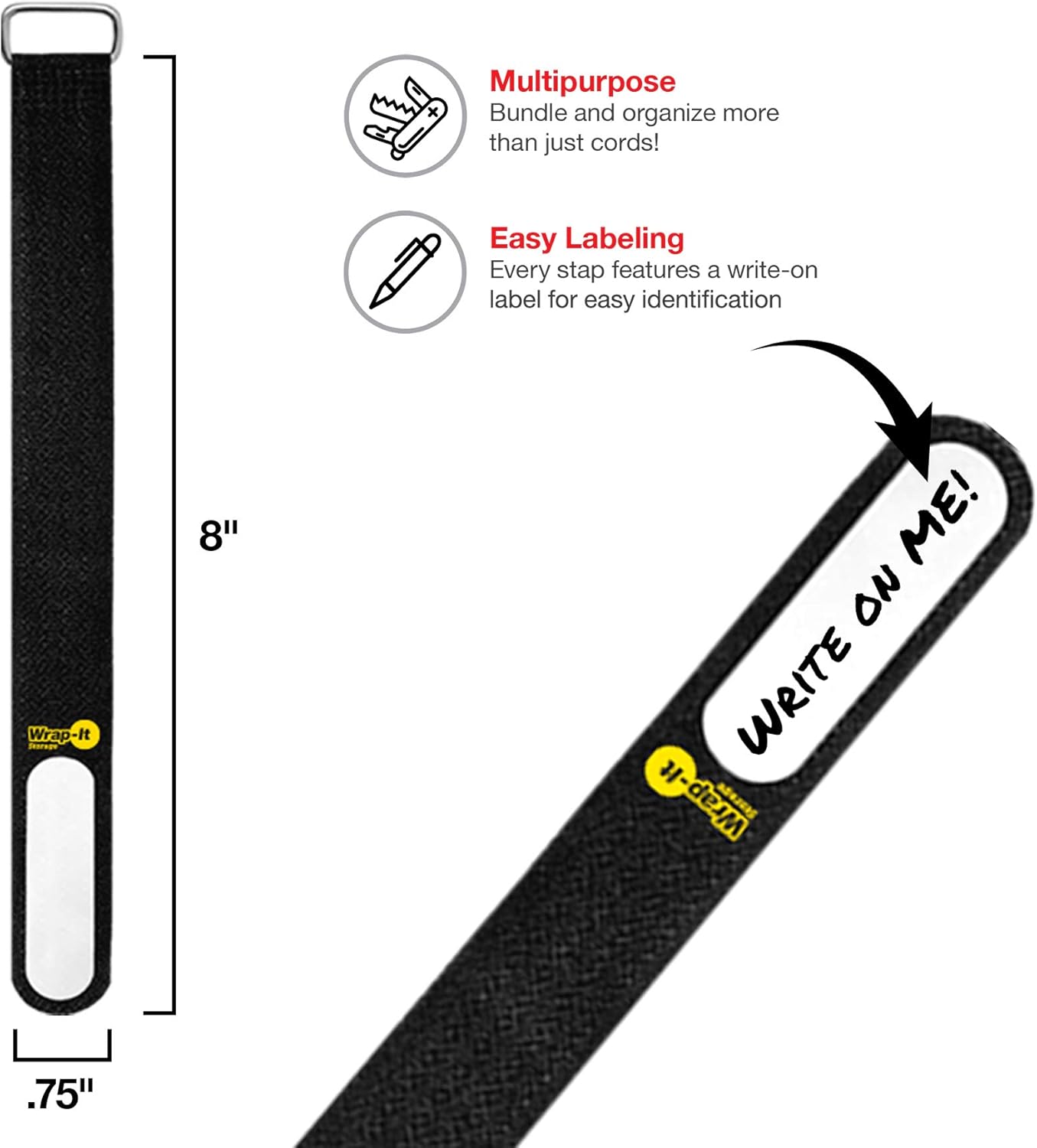 Wrap-It Storage Cinch-Straps, 5" 20 Pack (Red), Features Metal Buckle and Write on Label for Easy Cord Identification and Cable Management, Reusable Multi-Purpose Securing Cinch Straps