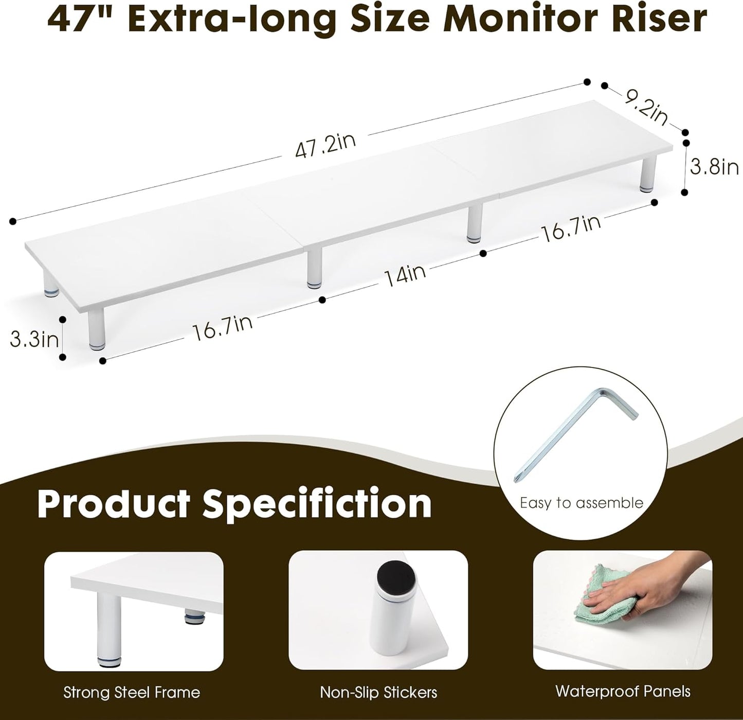 La Jaco 47 Inch Extra-Long Dual Monitor Stand Riser for 2 Monitors, Desk Shelf TV Riser Blocks, Wood and Steel Desktop Riser for Computer, Laptop, Printer, Home Office Organization, White