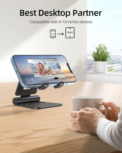 Nulaxy 2 Pack Fully Aluminum Dual Folding Cell Phone Stand, Adjustable Foldable Desktop Phone Holder for Desk Compatible with iPhone 17 16 15 14 13 12 11 Pro Max Xs Xr X 8, All Phones, Black & Silver