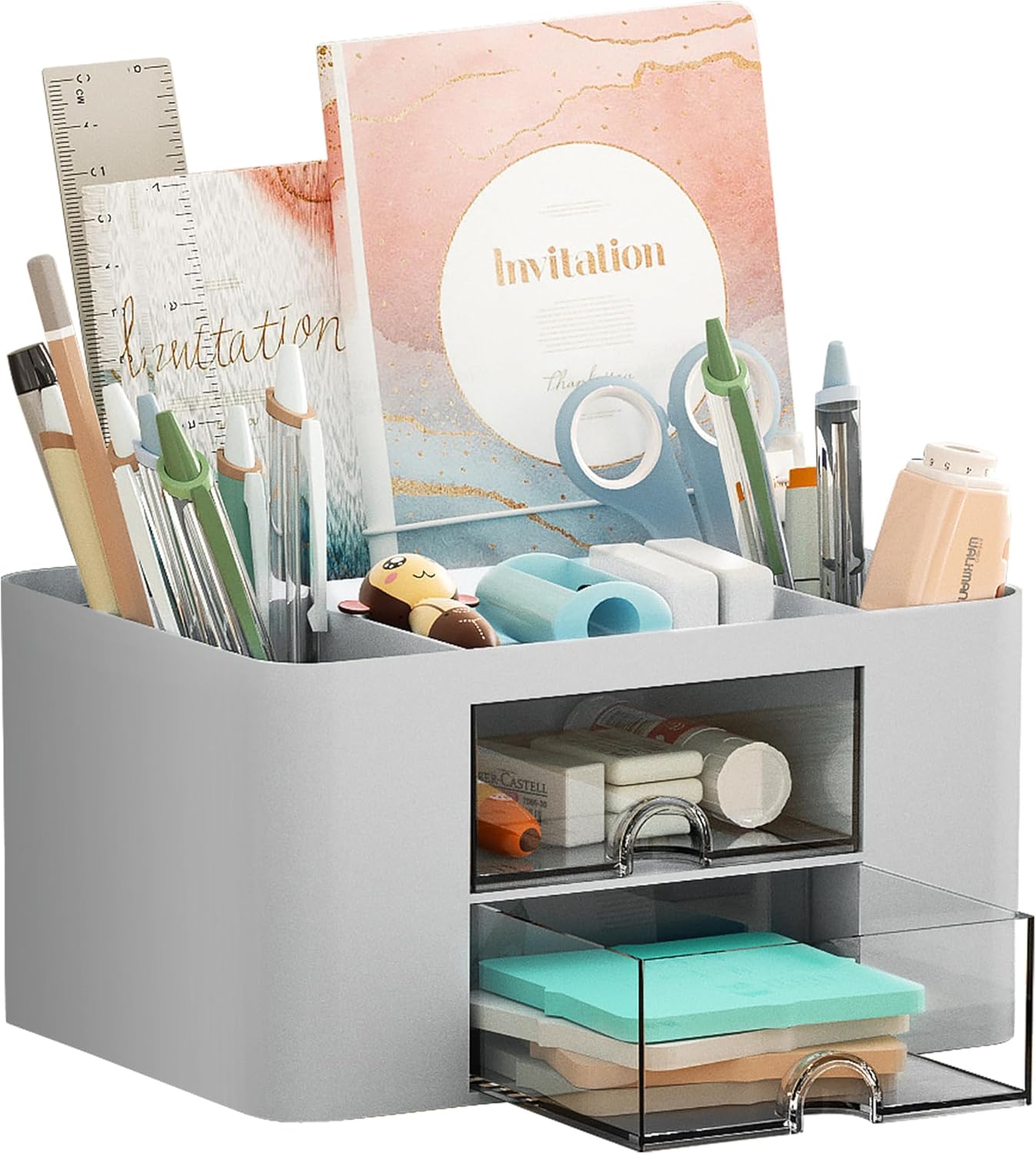 Marbrasse Pen Organizer with 2 Drawer, Multi-Functional Pencil Holder for Desk, Desk Organizers and Accessories with 5 Compartments + Drawer for Office Art Supplies (White)