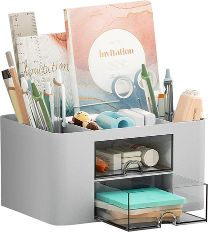 Marbrasse Pen Organizer with 2 Drawer, Multi-Functional Pencil Holder for Desk, Desk Organizers and Accessories with 5 Compartments + Drawer for Office Art Supplies (White)