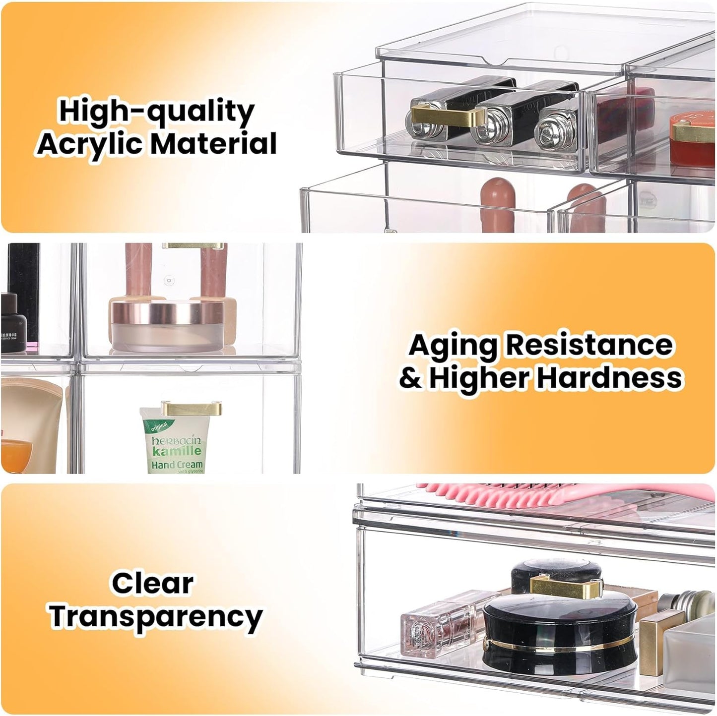 LALOBLUE Set of 5 Stackable Storage Drawers, Clear Acrylic Organizer Bins for Beauty Supplies, Perfect for Makeup Vanity, Undersink, Kitchen, Cabinet,Pantry Organization and Storage