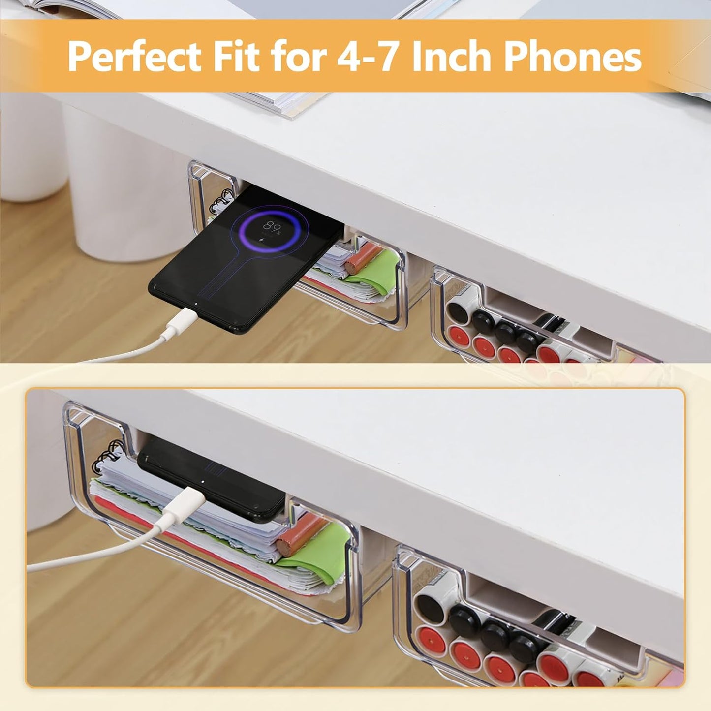 Under Desk Storage Drawers Self-Adhesive Easy Hidden Desktop Organizer, Attachable Clear Acrylic Storage Tray Under Table Drawer for Home Office School Counters Workstation, 2 Pack