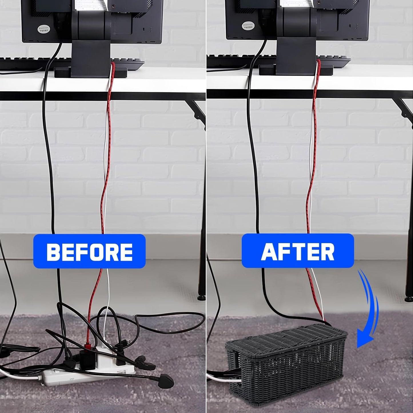 Cable Management Box, Handmade Rattan Cable Organizer with 2 Open Slots, Cord Hider for Power Strip, Router & USB Hub, Registered U.S. Design Patent (D1,112,102), 13" x 5.1" x 5.1", Natural