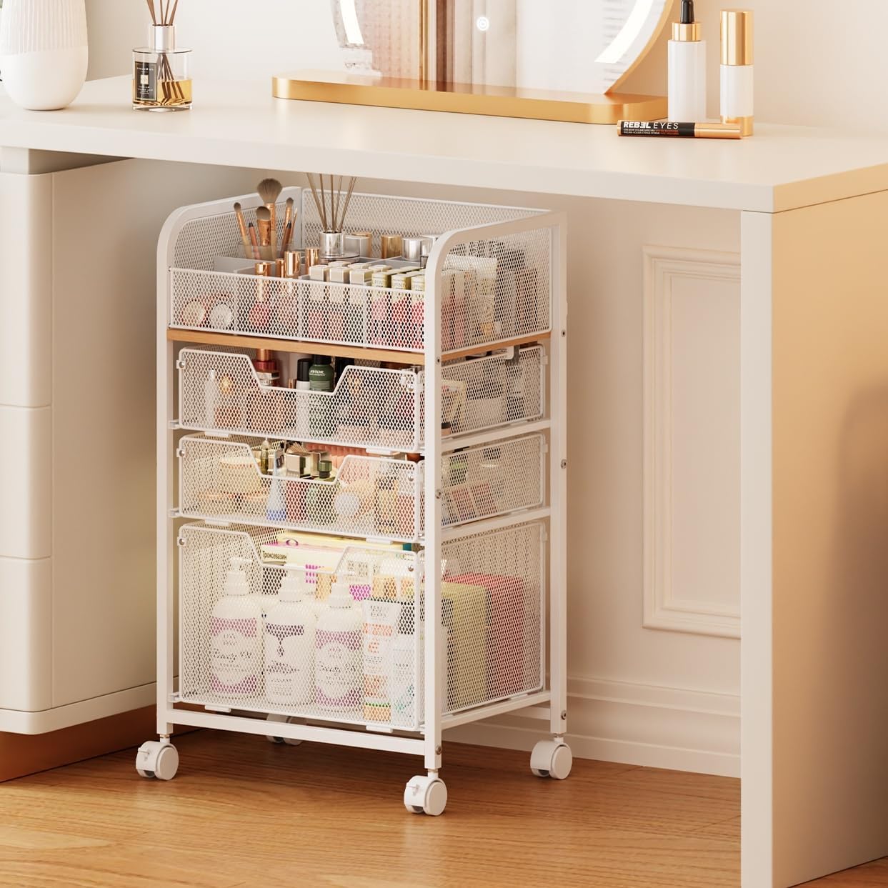 Rolling Makeup Cart Organizer with 3 Drawers, 4-Tier Narrow Floor Skincare Organizers with dividers, Vanity Organizer Cosmetics Display Cases for Makeup Brush, Hair Tool, White