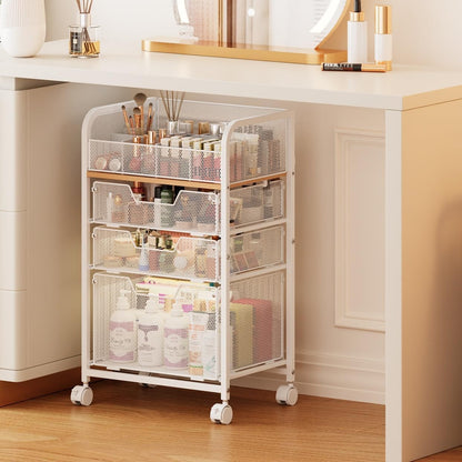 Rolling Makeup Cart Organizer with 3 Drawers, 4-Tier Narrow Floor Skincare Organizers with dividers, Vanity Organizer Cosmetics Display Cases for Makeup Brush, Hair Tool, White