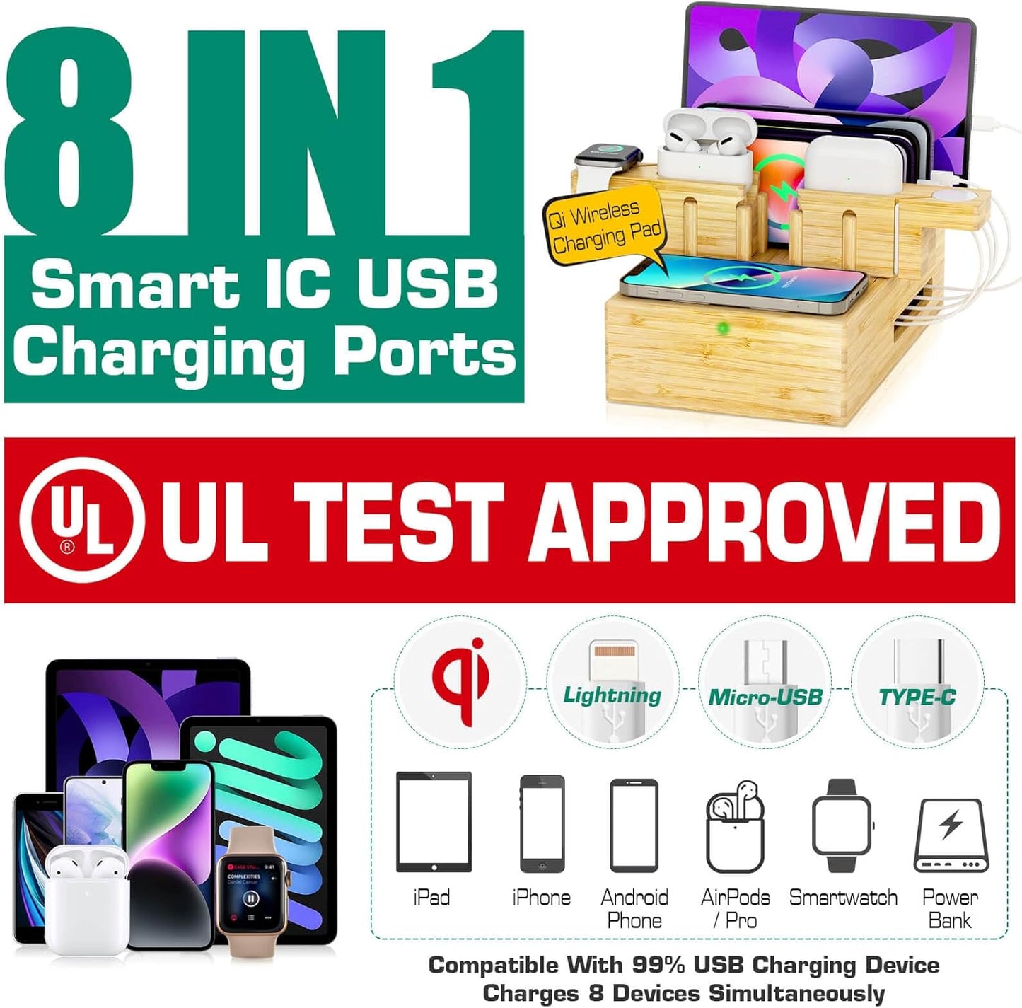 Bamboo Wireless Charging Station for Multiple Devices - Wood Docking Station Organizer, Qi Certified Fast Wireless Charger, 7 USB Charging Ports for Cellphone, Smart Watch, Earbuds, Tablet