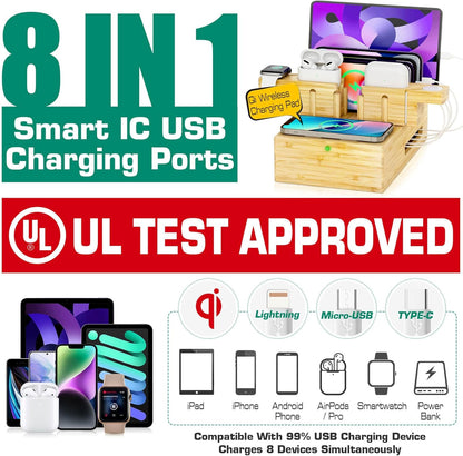 Bamboo Wireless Charging Station for Multiple Devices - Wood Docking Station Organizer, Qi Certified Fast Wireless Charger, 7 USB Charging Ports for Cellphone, Smart Watch, Earbuds, Tablet