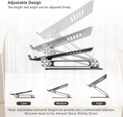 BoYata Laptop Stand, Adjustable Laptop Riser with Slide-Proof Silicone and Protective Hooks, Aluminum Notebook Stand for Laptop up to 15 Inches, Laptop Holder Compatible for MacBook (Silver-2)