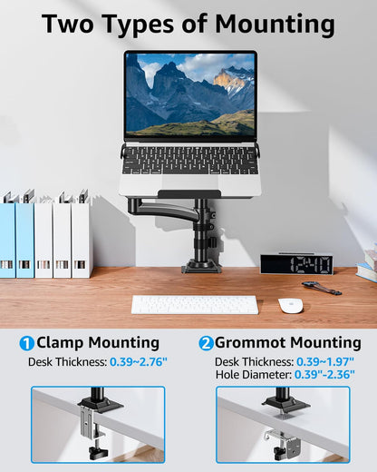 MOUNTUP Laptop Stand for Desk, Adjustable Aluminum Laptops Arm Mount for 14-17 Inch Notebook & 32" Monitor, Laptops Arm for Desk Support for 2.2-19.8lbs, 2-in-1 Laptop Desk Mount with Clamp/Grommet