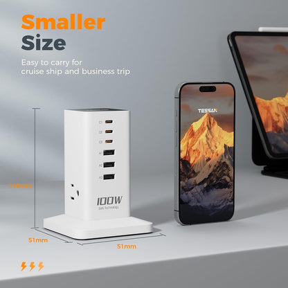 Charging Station for Multiple Devices, TESSAN 9-in-1 USB C Power Strip for iPhone 17/16/15, MacBook, Tablet, Desktop Phone Fast Charger with 3 AC, USB Charger, Home Drom Office Accessories, White-65W
