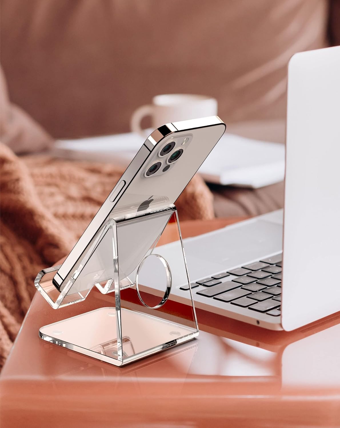 TOPGO Acrylic Cell Phone Stand, Clear Phone Holder for Office Desk, Vanity, Kitchen, Bedside Table, Compatible with iPhone 17/Smartphones/iPad/Switch/Kindle, Office Desk Accessories