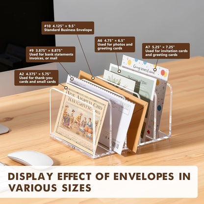 BEYGORM Acrylic Mail Holder, Clear Multifunction Desk Organizer with Divider, Vertical Letter Sorter for Desktop, 5 Compartments Modern Office Home Envelope Organizer for Bill, Document, Folder