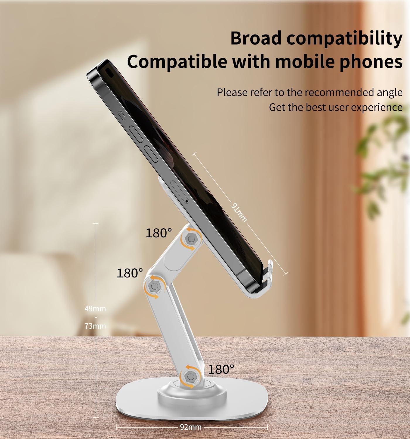 360° Rotating Cell Phone Stand for Desk, Adjustable & Foldable Phone Holder, Aluminum Desktop Phone Stand with Anti-Slip Base, Compatible with iPhone, iPad, Android Phones, K69-Black