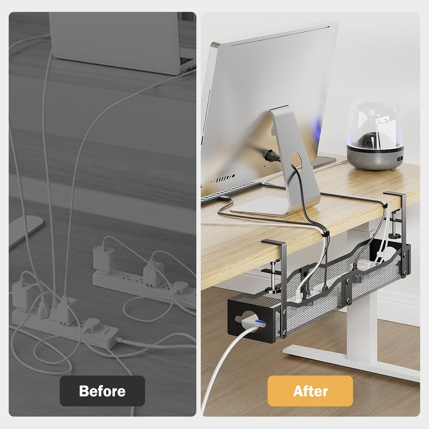 DELAMU 25'' Upgraded Under Desk Cable Management, No Dill Standing Desk Cord Management with Adjustable F-Clamp, Metal Desk Cable Organizer to Under Desk Organizer for Home Office, Black