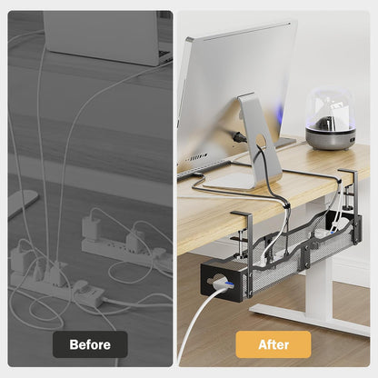 DELAMU 25'' Upgraded Under Desk Cable Management, No Dill Standing Desk Cord Management with Adjustable F-Clamp, Metal Desk Cable Organizer to Under Desk Organizer for Home Office, Black