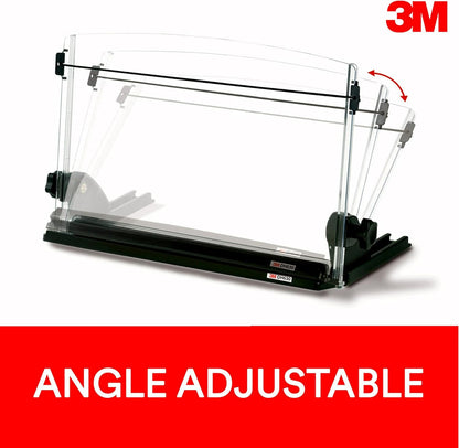 3M Adjustable Document Copy Holder, Inline with Monitor Minimizing Head and Neck Movement, 150 Sheet Capacity, Holds Sheets and Books, Elastic Guide Keeps Pages Open, 14 in Wide, Black/Clear (DH630)