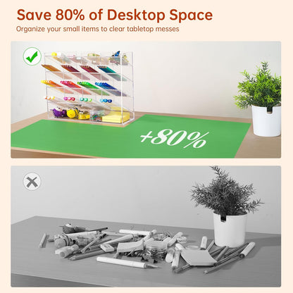 BEYGORM Acrylic Vertical Marker Organizer for 150 Markers with 13 Compartments, Clear Angled Pen & Pencil Holder, Large Desk Stationery & Art Supply Storage for Office & School (10.2 x 9.8 x 4 Inch)