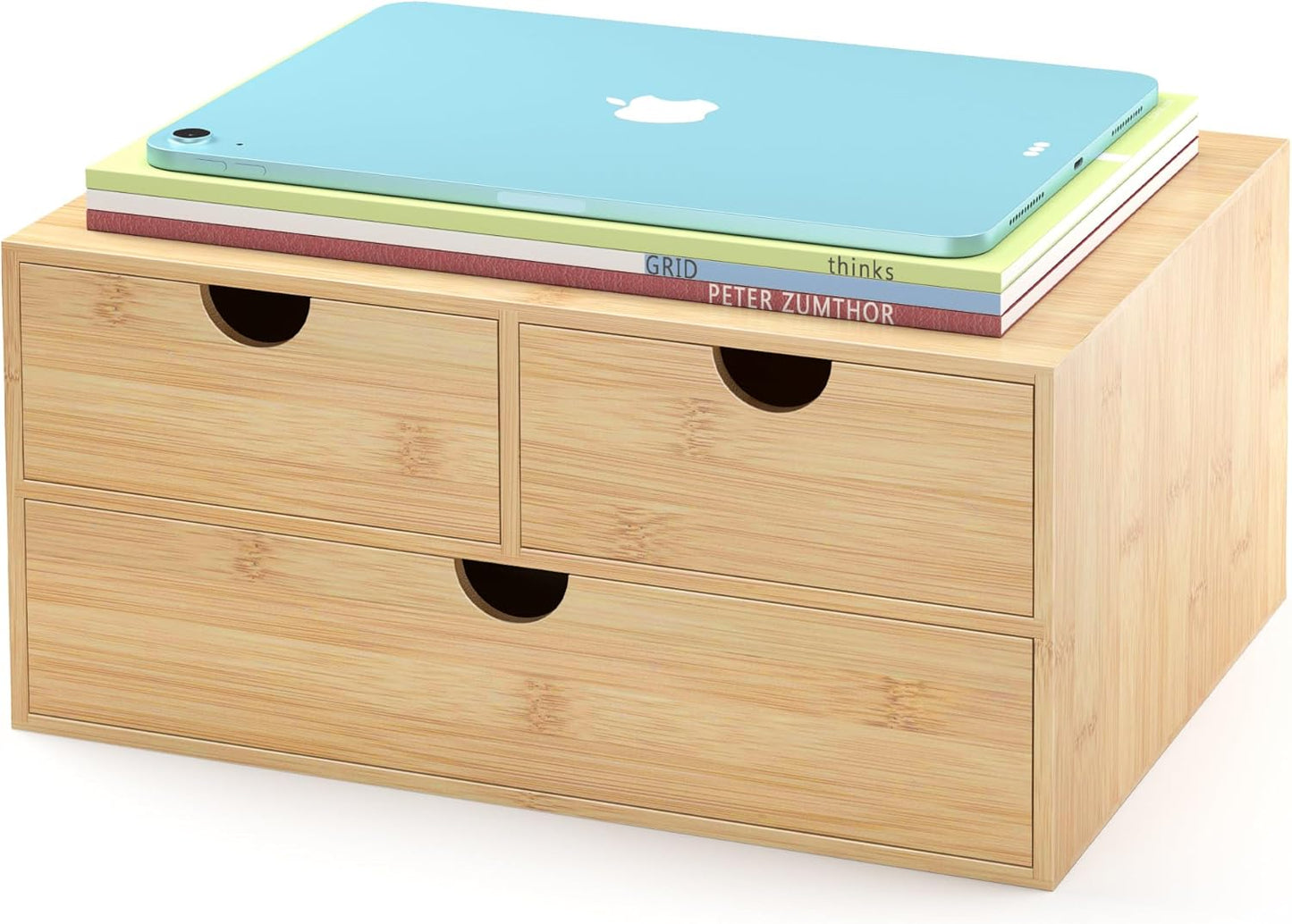 Wisuce Bamboo Desk Drawer Organizer, 3 Drawer Desktop Organizer with Drawers Tabletop Storage Organization Box for Office Home Toiletries Supplies Vanity, No Assembly Required