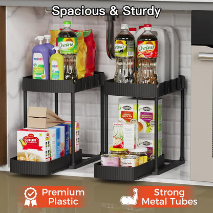 Ukeetap Multi-Purpose Pull-Out Storage Organizers, Under Sink/Cabinet Organizers and Storage for Bathroom & Kitchen, Black, 12.8 Inches, 2 Packs