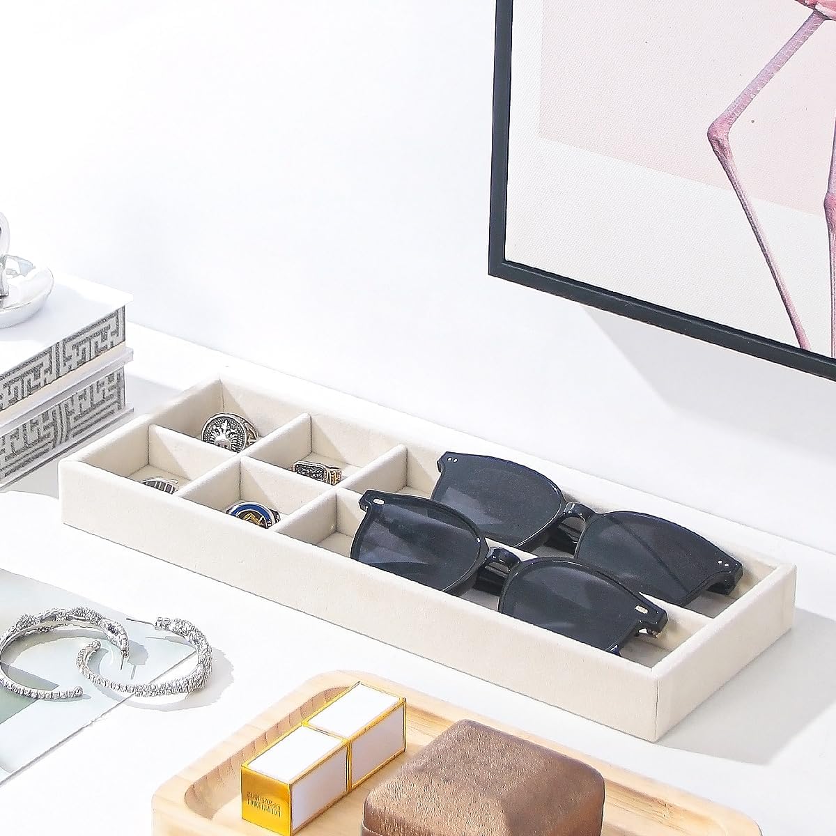 Divided Drawer Organizer Tray, Velvet Jewelry Storage Tray, Necklace Bracelet Ring Earring Display Tray,Bedside Nightstand Desk Holder Tray for Phone Watch Sunglasses Cosmetics Storage/Beige/1grid